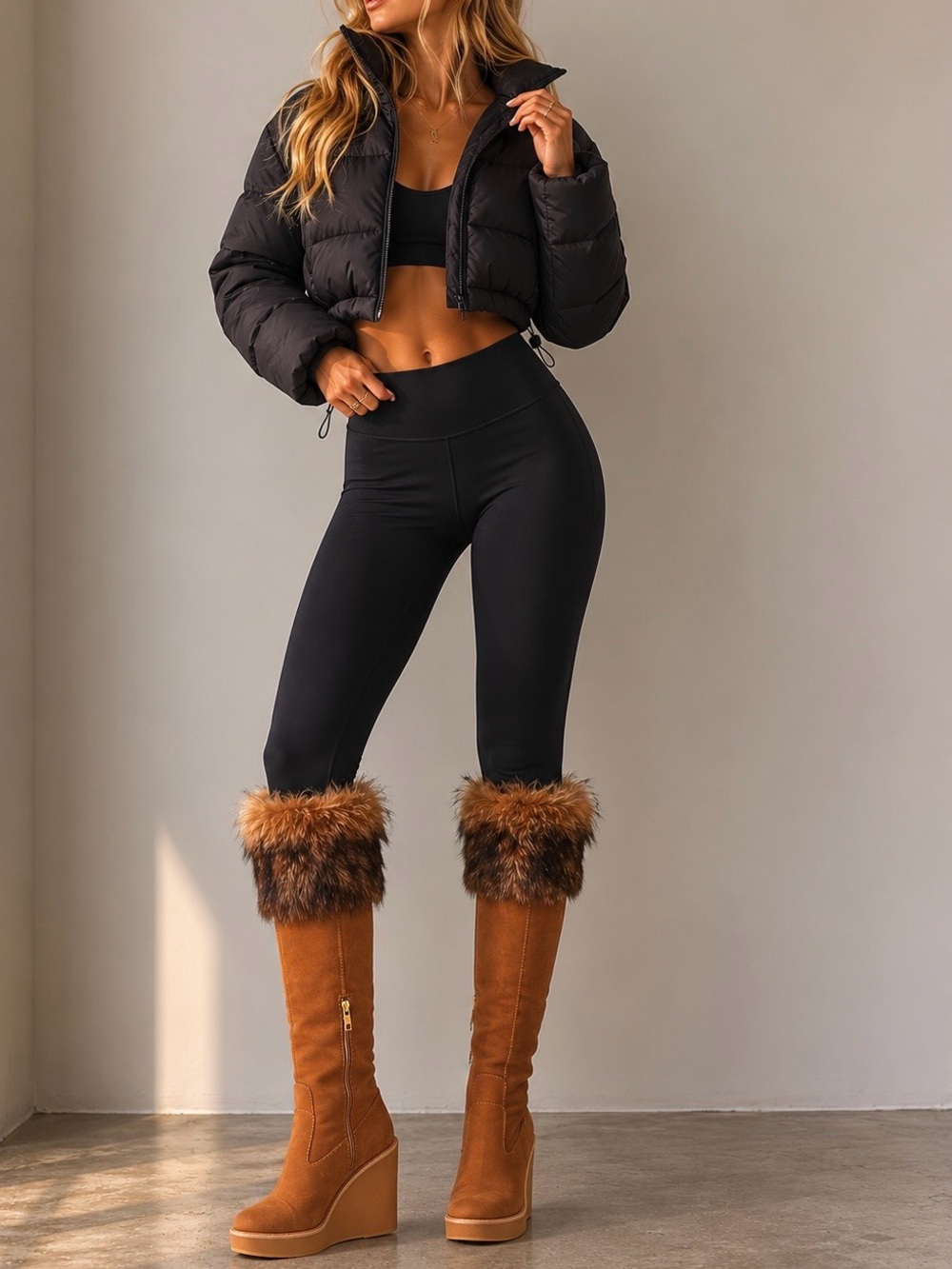 UGG Valberg Chestnut Suede Leather Fur Wedge Boots Tall Size 9 NWOB
